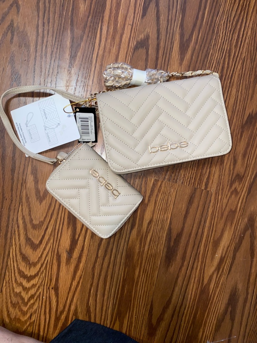 Bebe Sophia tan Quilted Bag and Wallet wristet  Set with Gold Accents
